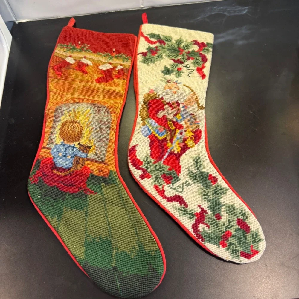 Vintage Christmas Stocking Set Multicolor Needlepoint Santa Fireplace 2pc